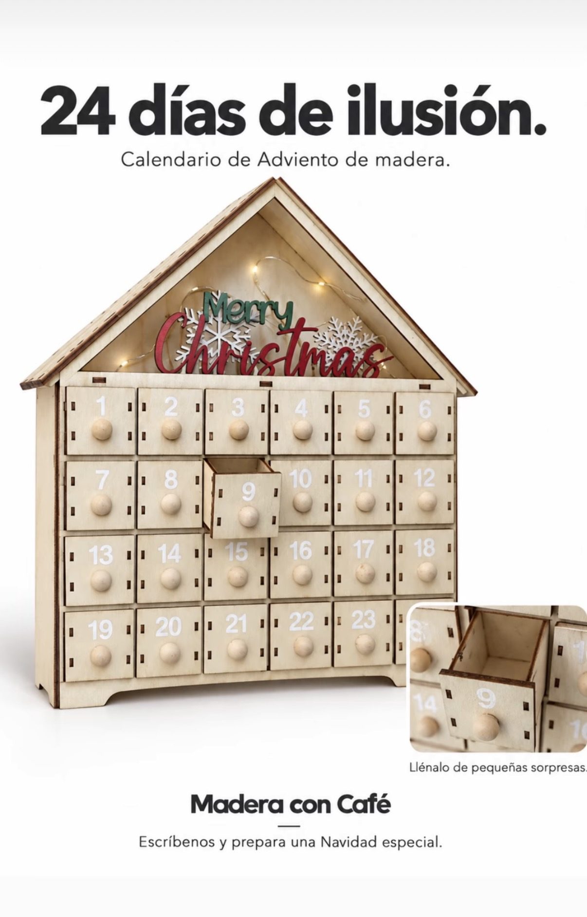 Calendario de adviento de madera en forma de casita con 24 cajones — Madera con Café