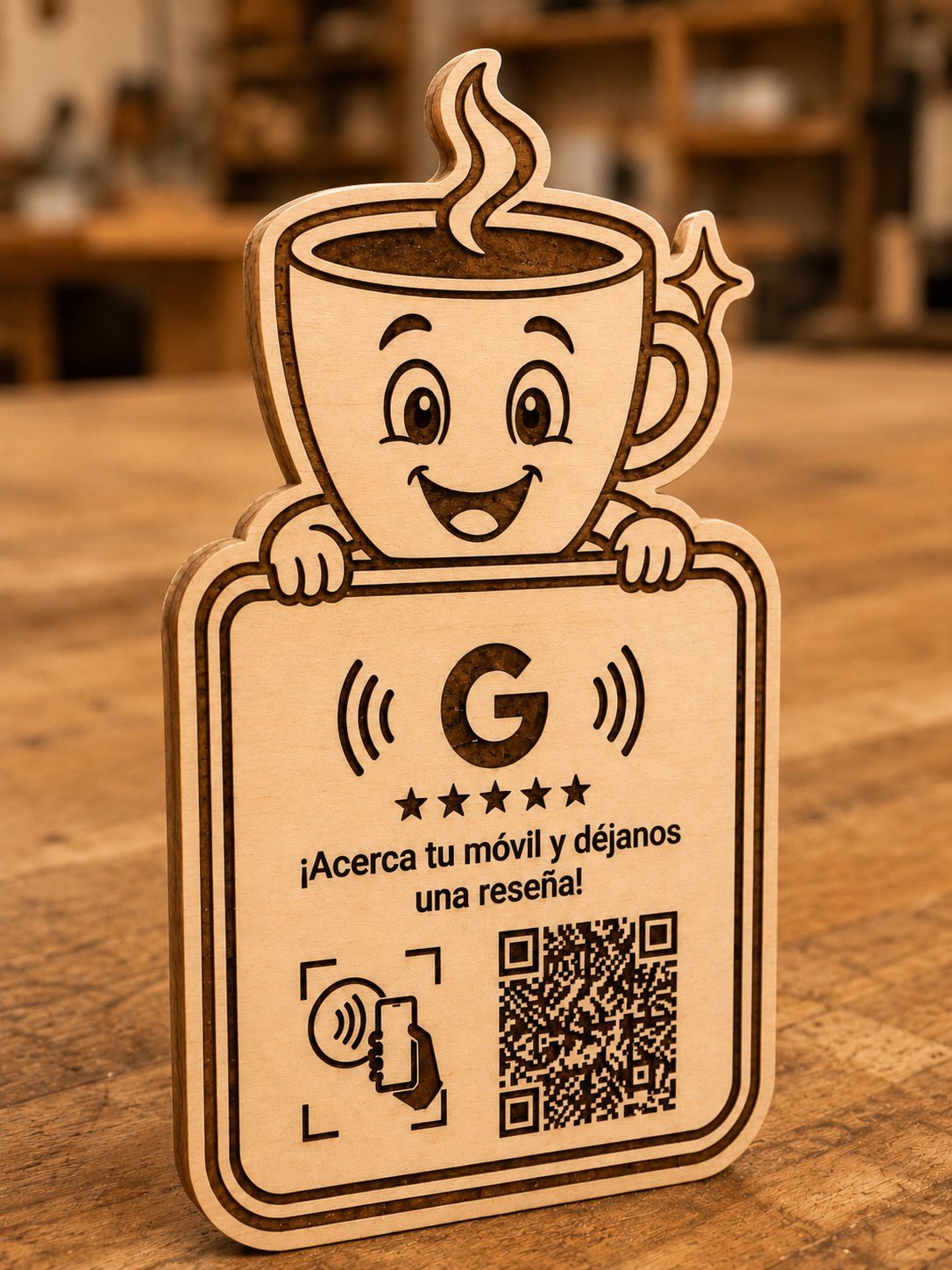 Cartel QR en madera personalizado para reseñas Google - diseño taza de café grabado láser